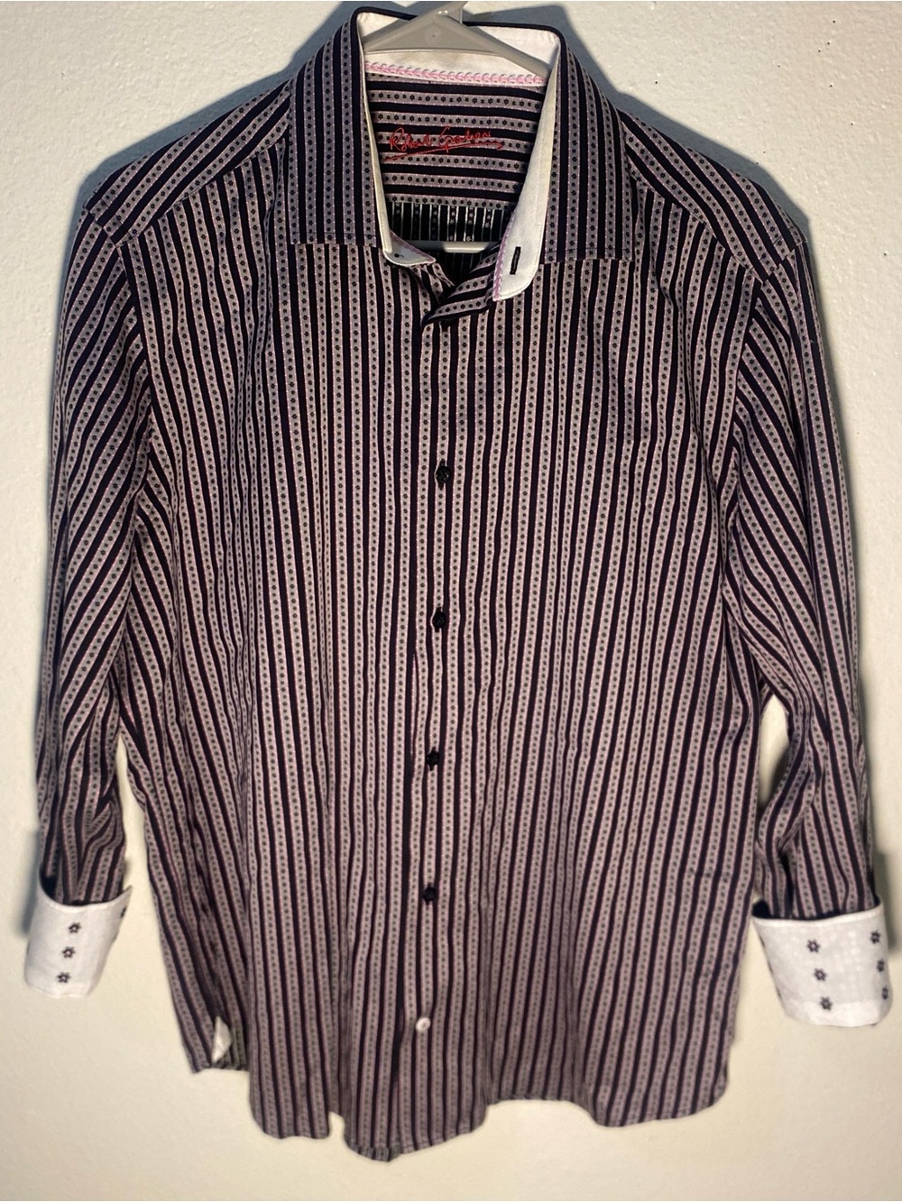 Robert Graham Men’s Large Striped Long -Sleeve Cotton Shirt Flower Flip Cuffs